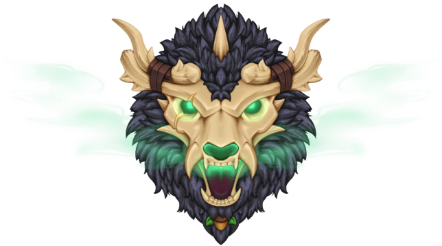 A front-on symmetrical headshot of a Kul Tiran bear form, its head is a skull with wooden horns, a ghostly green glow in the eye sockets and nose, with green glowy mist spilling out from it's open mouth. The mane is scruffy grey-blue with bone spikes poking out here and there. An acorn necklace is visible half-buried in the mane.