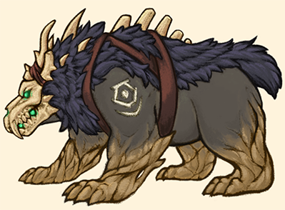 A side-on digital illustration of a Kul Tiran bear druid standing on all fours, facing to the viewer's left. The bear's face is a skull with a ghostly green glow emanating from within and wooden horns. A scruffy blue-grey mane encircles the neck and runs along the back to the stubby tail. Bone spikes and spines poke out from the mane here and there as well as along the spine. A leather belt encircles the body and crosses over the chest and back. The limbs are wooden and twist and blend into the flesh closer to the body.