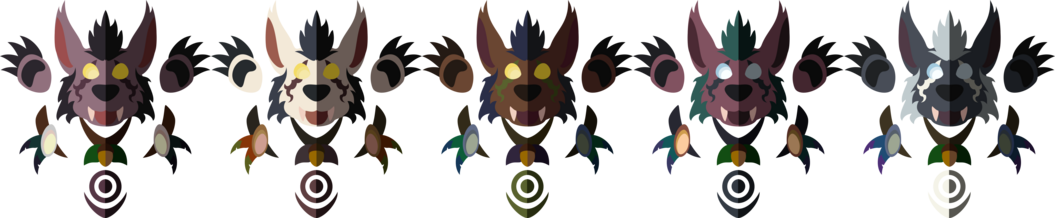 A digitally drawn lineup of the 5 colour variations of the Night Elf druid bear forms. The icons are simplified and designed to show off the main colour areas for ease of colour sampling. Each icon has two sides, a light one for the main colours and a dark one which is intended for the lineart.