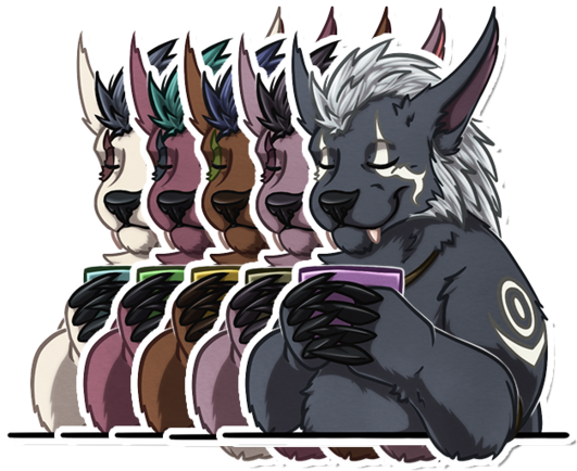 An overlapping sticker collage/lineup of all 5 colour variations of the Night Elf bear druids enjoying a beverage in a cup.