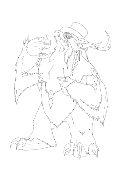 A inked lineart drawing of a worgen moonkin. He has a top hat, monocle and a cup of tea, and is staring judgingly at the viewer.