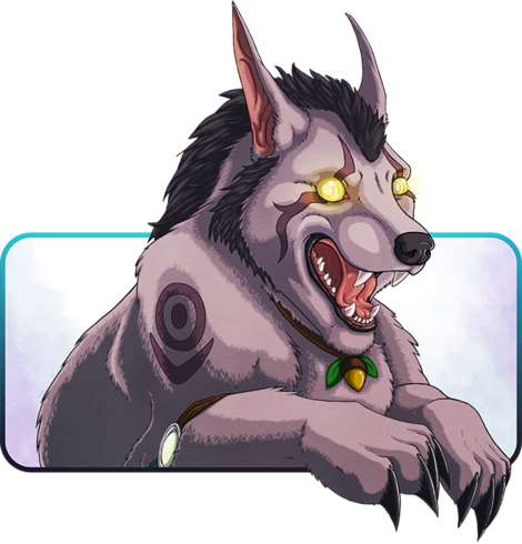 A digital drawing of a night elf in bear form drawn in the style of the 'Bad Joke Husky'. The druid has a wide open-mouthed silly grin and is looking directly at the viewer (after delivering a terrible punchline to a joke)