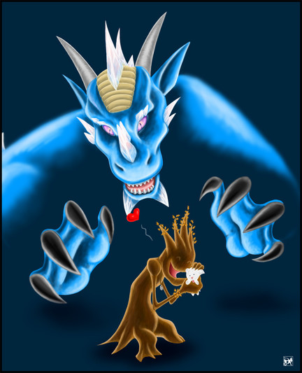 A blue dragon looms out of the darkness over a tree form druid that's too occupied hugging a puppy to notice the impending doom.