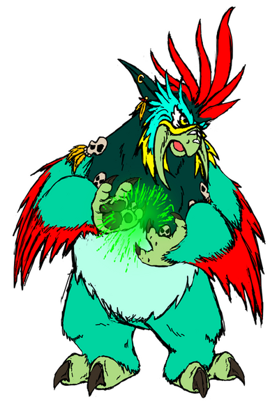 A troll druid moonkin form redesign where inspiration is taken from crested cockatoos. The moonkin is in the middle of casting Wrath so has a ball of green energy collecting between its hands.
The main body is various shades of green with the crest and arm feathers being bright red. The facial feathers are mint green and accented with yellow. There is a little bit of white face paint on the beak and at the corners of the mouth the beak structure sticks out like tusks. The ears are long and pointed and the neck ruff is decorated with little skull ornaments that have yellow feathers attached at the bottom.