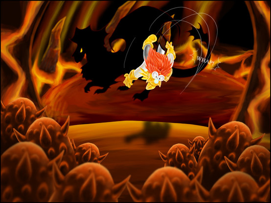 A digital illustration of Onyxia in her lair, she's seen in the background and has just knocked a dwarf in full armour into the air and he's about to land in a big pile of spiky dragon eggs shown in the foreground.