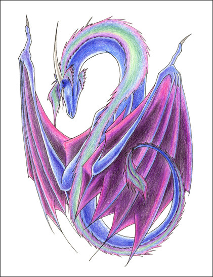 A rear view of a colourful dragon sitting down, looking to the viewer's left, wings loosely spread to each side hiding most of the body. It's body is blue and the wing membranes purple, with a colourful mane meant to imitate the colours of the aurora. The neck is long and slender and bent over, posed with the tail it almost looks like a figure 8.