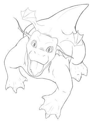 A pencil sketch of a chonky baby dragon, seen from above. The dragon is on all fours, looking up at the viewer with their mouth wide open.