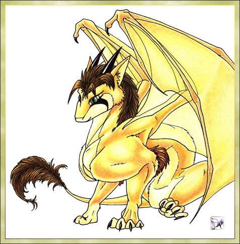 A coloured pencil drawing of a golden dragon with a brown mane, tail tuft and elbow fluffs. The dragon is sitting down and looking to the viewer's left, wings slightly unfurled. The body is a bit long and bunches up a little above the hips, similar to a cat.