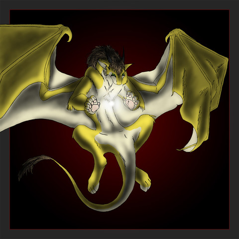 A digital drawing of a golden dragon with a brown mane and tail tuft, floating in the air against a reddish dark background, holding a mote of light between it's paws and in front of its chest.