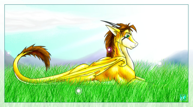 A golden dragon with a brown mane and tail tuft lying down in a grassy meadow, looking to the viewer's right.