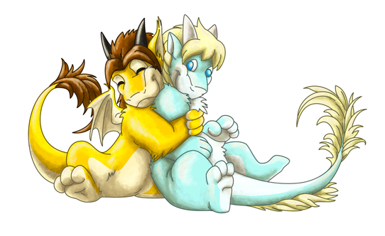 A chibi style digital image of two dragons sitting down, hugging. The left one is golden with brown hair and tail tuft, - this one sits behind the other dragon squeezing it in a hug. The right dragon is light blue with blonde hair and tail tuft and is being squeezed from behind in a hug.