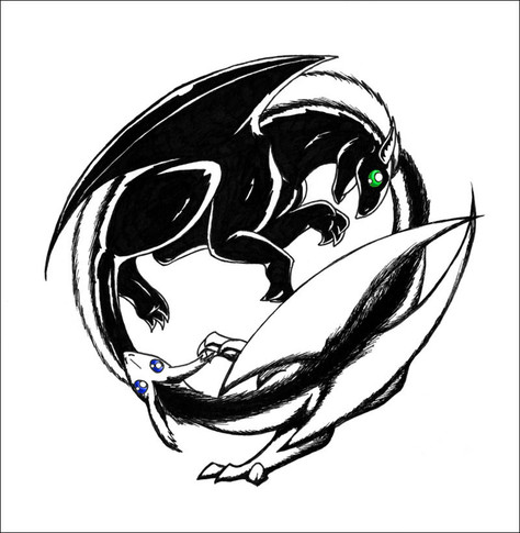 A yin-yang like design of two dragons running/jumping around each other, a black one up top with a white mane and green eyes, a white one at the bottom with a black mane and blue eyes.
