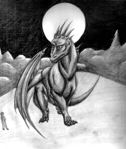 A dragon sits in a forest clearing, the moon on a black starless sky sitting behind it's spiked head. It's body is mostly turned towards the viewer, in a sitting squat, looking down to the left at a small human figure at the edge of the scene.