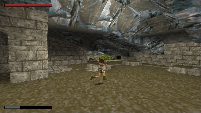 A rear view of Lara running into a room, holding a pistol in each hand and preparing to fire at a menacing wolf. This view illustrates a new feature: the health bars of both the enemy and Lara.

Tomb Raider 1 is a 3D objective-view adventure game (published in 1996) starring Lara Croft, a British archaeologist. TR1X is a mature, libre, multi-platform engine, enhancing the gaming experience in many ways. These include the Linux version, a myriad of bug fixes, a new user interface (with a health bar for enemies), better support for windowed mode, porting of various internal libraries to their open-source equivalent, increased engine limits, numerous gameplay enhancements, improved controls (and the ability to modify them), the addition of new stats and cheat modes.