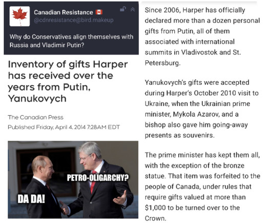 List of gifts from Putin to Harper 
https://www.ctvnews.ca/mobile/politics/inventory-of-gifts-harper-has-received-over-the-years-from-putin-yanukovych-1.1760462?cache=yesclipId10406200text%2Fhtml%3Bcharset%3Dutf-80404%2F7.549035