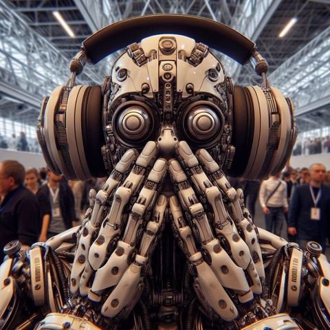A robot that seems to be made of wood is wearing headphones and seems to be very surprised