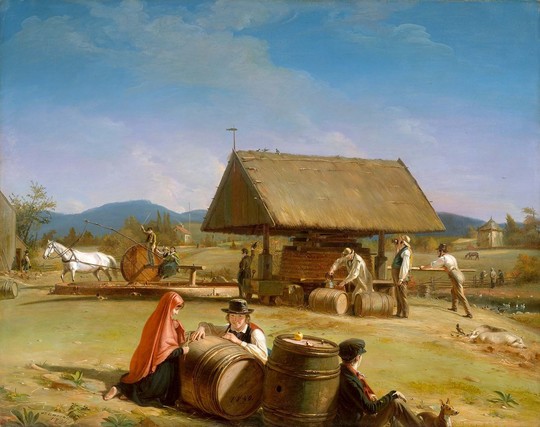 In this work, Mount explicitly recorded the steps involved in making hard cider, presenting an image of idyllic farm life in Setauket, Long Island. While the scene is vivid and cheerful, it also references current events. A newspaper story about the painting suggested that Mount may have intended each figure to represent candidates in the 1840 presidential campaign. In that race, the successful Whig candidate, William Henry Harrison, defeated the Jacksonian Democrats by presenting himself as a "common man," who would rather drink cider in a log cabin than reside in the White House.