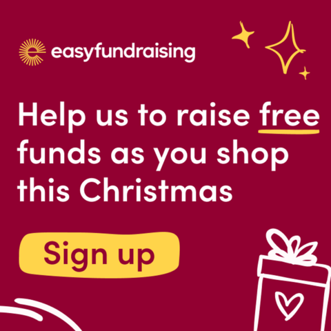 easyfundraising logo with a sketched illustration of a present and some stars. Text says 'Help us to raise free funds as you shop this Christmas. Sign up.'