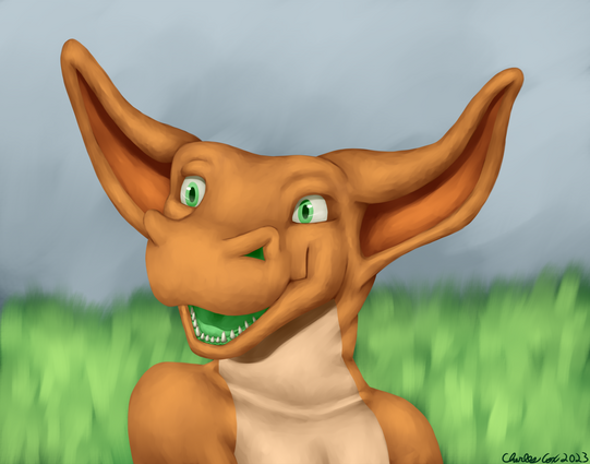 Portrait of a small tan kobold sitting in a grassy field.  Their head is turned away from their body to the left.  It appears they are happily talking to someone.