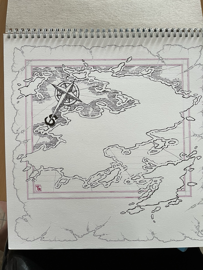 A continent map on torn parchment (all of it is drawn with a brush and ink). The bottom blade of the compass rose is bigger showing a big black S for South. The border will be pink (fuschia) and the map isn’t finished.