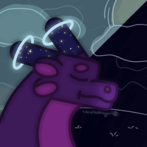 A headshot drawing of Star, a purple dragon with stars shimmering in its horns. The background depicts white lines of objects over a dark background.
