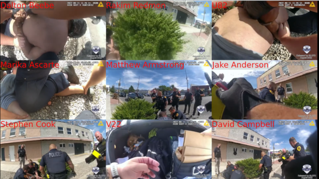 A screenshot from a video of multiple bodycams put side by side with the corresponding officers' names in the top left corner.