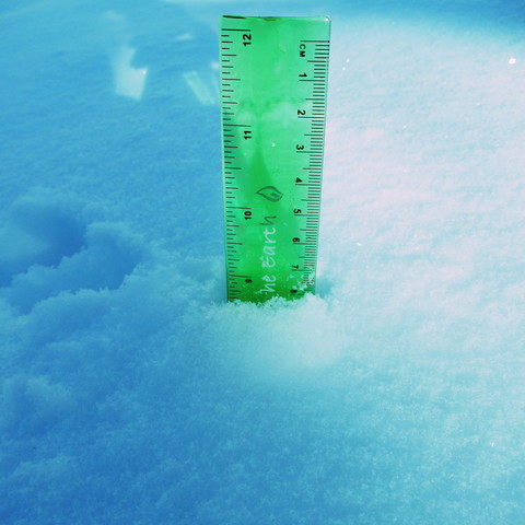 Green ruler showing the snow depth at almost 9 inches.
