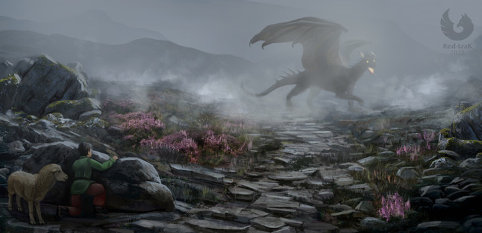little shepperd boy with his sheep looking at dragon from distance. it's gloomy atmosphere