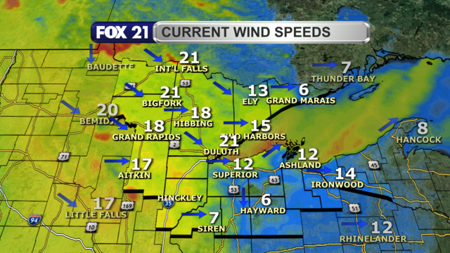 Wind speeds in the Northland just before 2:30 p.m. on Sunday, November 26, 2023 range from 6 to 21 mph. Wind direction is from the west and northwest.