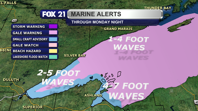 Gale Warnings and Small Craft Advisories are in effect through 4 a.m. on Tuesday, November 28, 2023.  Waves will range from 1 to 4 feel along the northern half of the North Shore, to 4 to 7 feel along the South Shore Snowbelt.