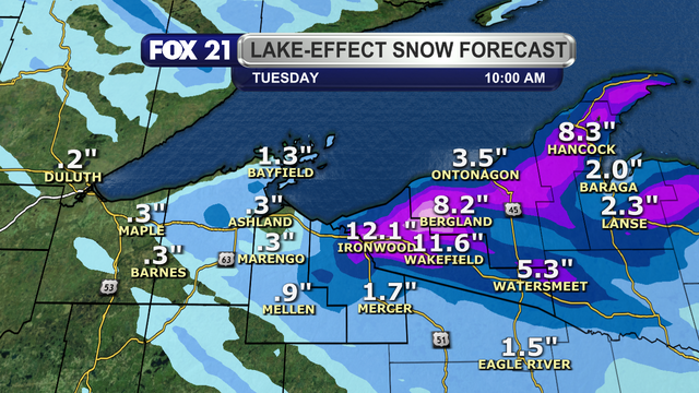 Model runs for lake effect snow bands along the South Shore Snowbelt show some spots in this region could see over 12-inches of snowfall through Tuesday morning.  The highest totals are expected in the Upper Peninsula.