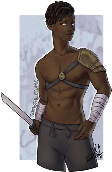 A digital illustration of a black male human character, giving a side-eye smile, seen from the thighs up, wearing, uh, some clothes, but not much. Showing off his sword, oh wait, that's not right. Well, he's got straps across his chest and bandages around his arms. You know what, this description isn't going well. He's hot okay? A hot guy with no shirt on, just pants and shoulder armor. And he is actually holding a sword, I wasn't lying there.