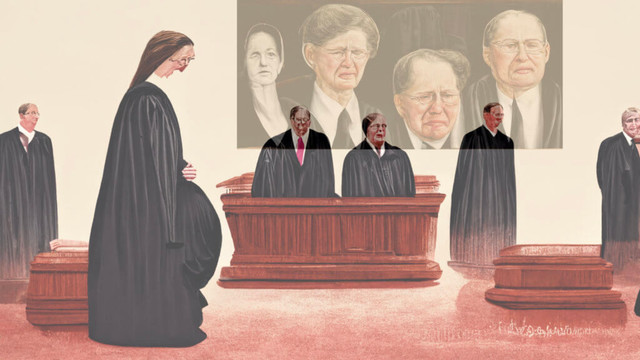 Meeting planners support women: An illustration of the US Supreme Court, including a pregnant Justice.