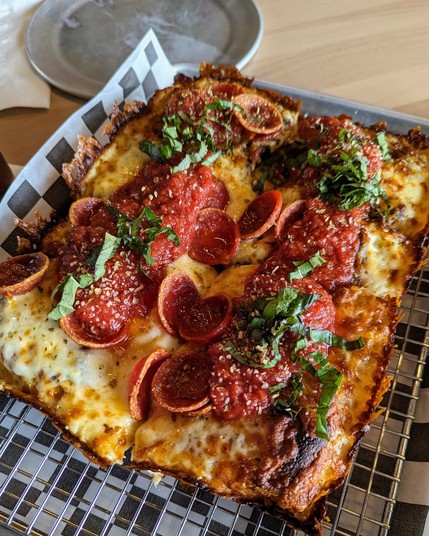Detroit-style pepperoni pizza.