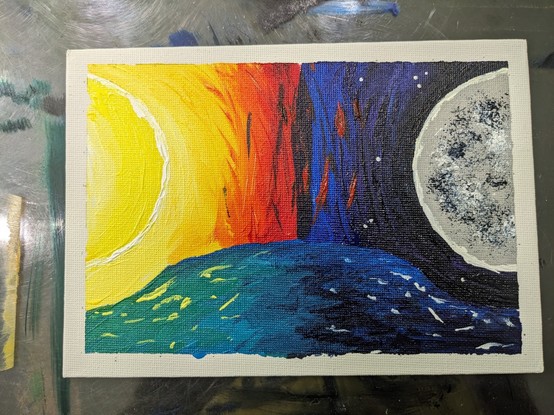 A painting of the sun and the moon over the water, each forming a pocket within it and their respective glows competing against a sky shifting from daylight to darkness.