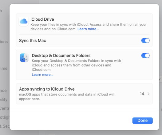Setting in the icloud menu of the settings in macos allowing you to switch on sync of desktop and document folders