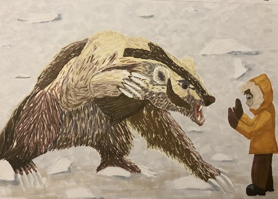 Drawing of a future ice age predator about to attack a human. Predator is larger than a grizzly with massive claws, the shape of a wolverine/bear, and markings similar to an American Badger. The human is wearing an orange parka and has his arms up protectively. They stand on a snow field.
