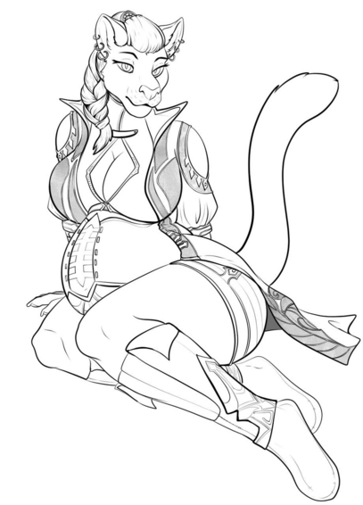 A pregnant khajiiti woman sitting with her legs on her left side. She is wearing ornate clothing/armor, including boots. Her hair is braided and she has three piercings in each ear. Her belly is large and her cleavage is visible.