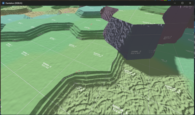 A closer to the ground view of the generated landscape showing the placeholder texture mapping and the placeholder bump maps blending neatly into each other