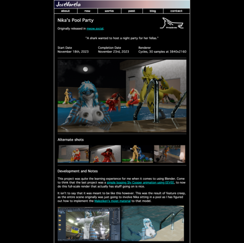 A view of a render summary page I'm working on. It features metadata about the piece's start and completion dates, what renderer was used, and other alternate shots if they were made.

Also in the page is a dedicated section for development notes where I go into detail about the creation process.