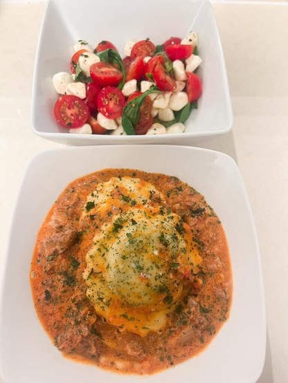 made the viral lasagna soup recipe but with ground bison insteadâ€¦ & a caprese salad!