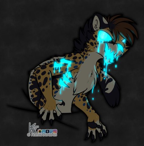 digital art of a cheetah character, glowing teal ooze falls from their mutated face and cuts on their body.