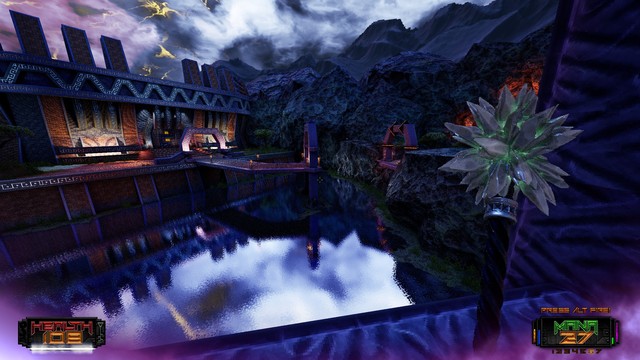 A beautiful lake of purple with a bridge above waiting to be completed.