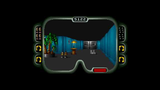 A screenshot of Jurassic Park (originally on SNES, but this being from the classic collection). The view is first-person, and the player is inside the Visitor Center, which in this game is depicted with blue walls and metallic gray doors.