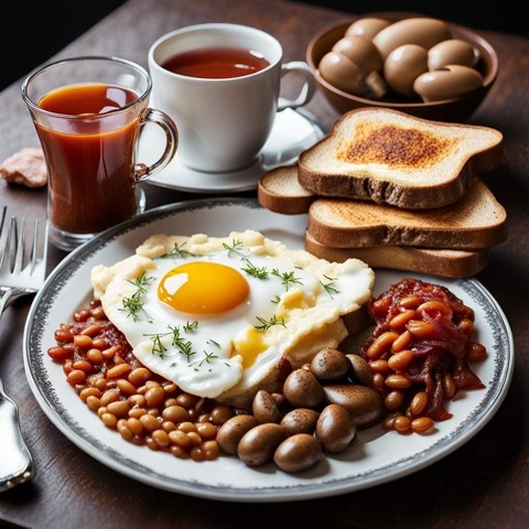Breakfast art: Fried egg, beans mixed with bacon, mushrooms, toast, juice, tea