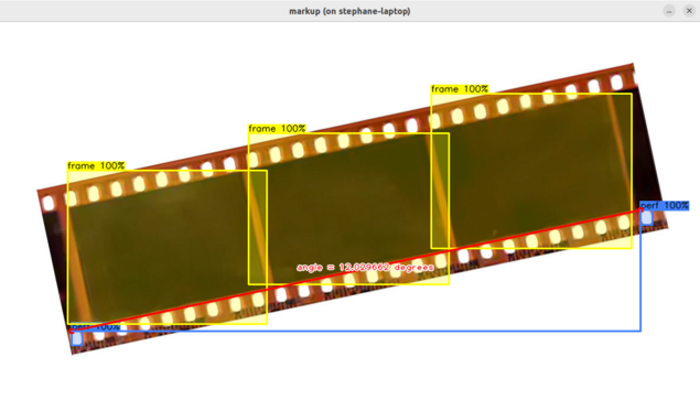 Three frames from a video or camera film.  Darknet/YOLO is used to perform object detection.  The neural network was trained to detect the location of each frame, the leftmost perf, and the rightmost perf.

The perforations detected by Darknet/YOLO are then used to calculate the rotation angle of the film since it is not perfectly aligned.

Once the angle is known, a counter-rotation can easily be applied using OpenCV.