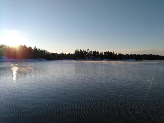 The sea on a clear, cold winter day. Some wisps of fog drifting over the water. Background: clear sky, island with forest and snowy low rocks on the waterline.