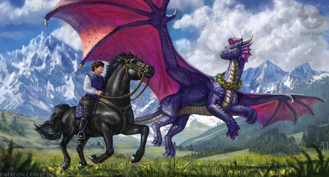 man on a horse races with big blue dragon. but are they racing even? they seem to be in love