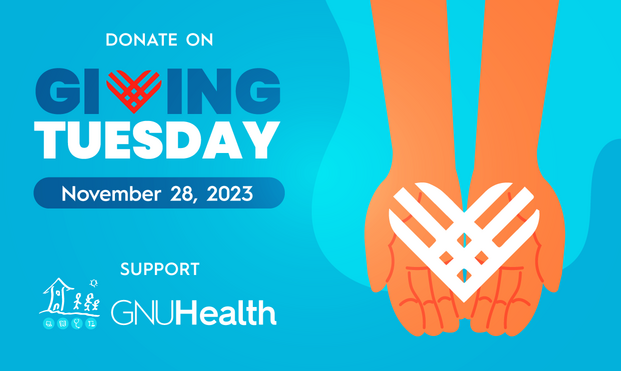 GNU Health banner for Giving Tuesday, with two hands holding the giving tuesday heart.

In the lower left, the GNU Health logo