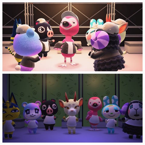 Collage of two Animal Crossing: New Horizons screenshot. Both of them have a group of seven villagers dancing simulating the Dreamcatcher OOTD music video. The upper image has them in a circle with a pink, flamingo villager in the center with them all wearing black jackets over white shirts and grey ball caps. There is scaffolding and low, white counters in the background. In the lower image, they're standing in a W shape all wearing white tank tops with green background with various symbols on it and stripes. The low, white counters from the upper image are also present behind the villagers.